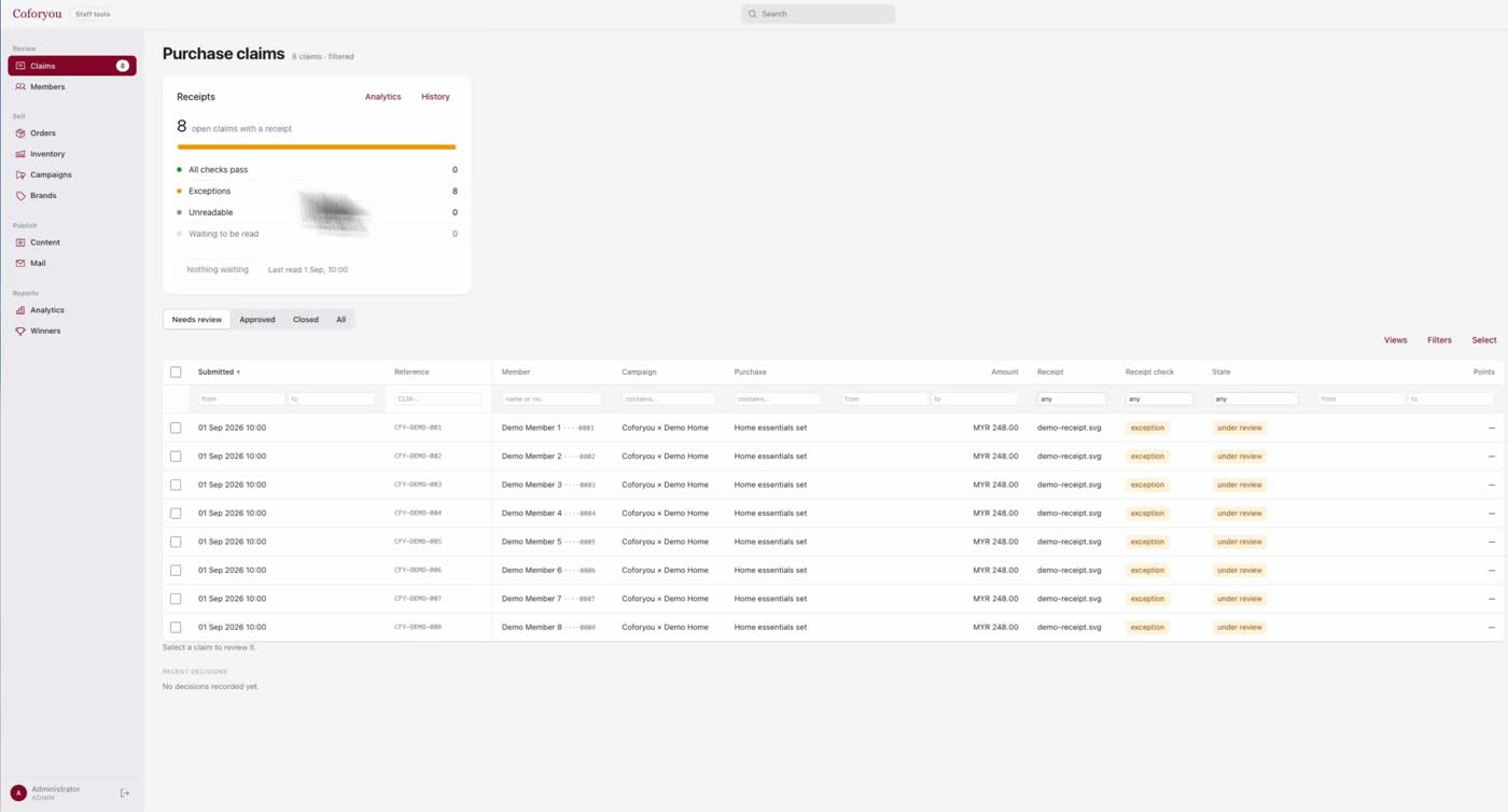 Receipts, review and activity.